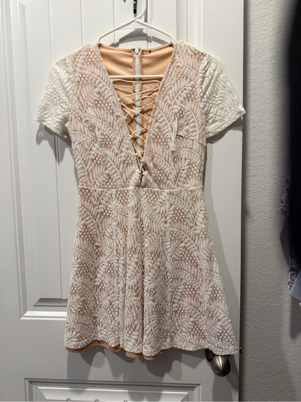 Forever 21 Cream Lace-Up V-Neck Mini Dress